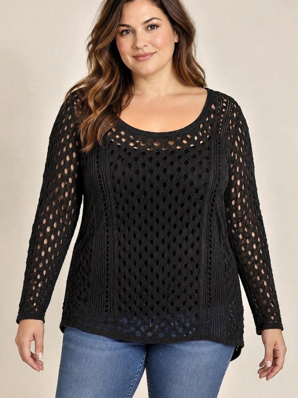 Rock & Republic Black Open Knit Scoop Neck Sweater